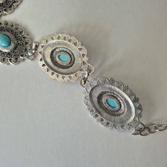 Western Aztec Boho Silver Tone Concho Turquoise Waist Chain Belt Womens 51 IN - Picture 4 of 7